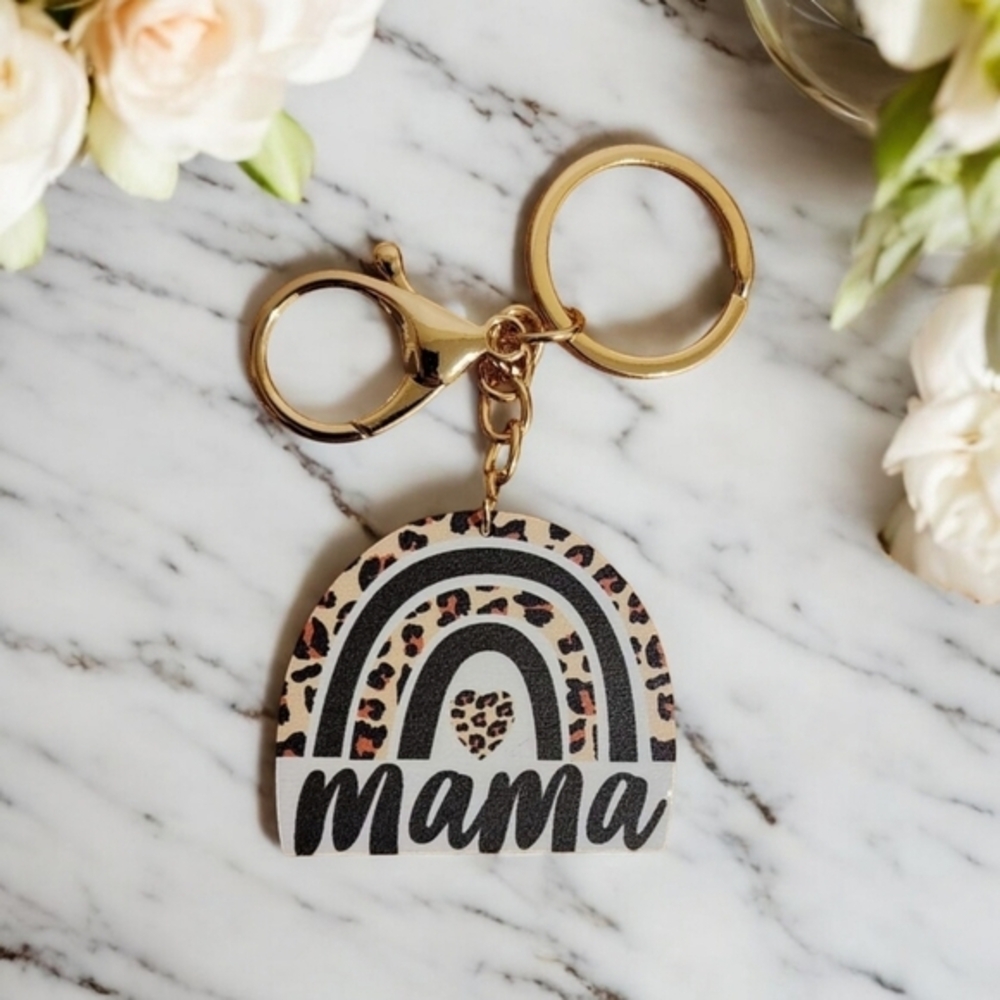 NEW‎ Mama Rainbow Animal Print Wooden Keychain